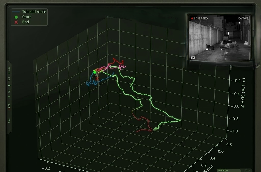Visual odometry interface showing tracked camera features and a motion trajectory